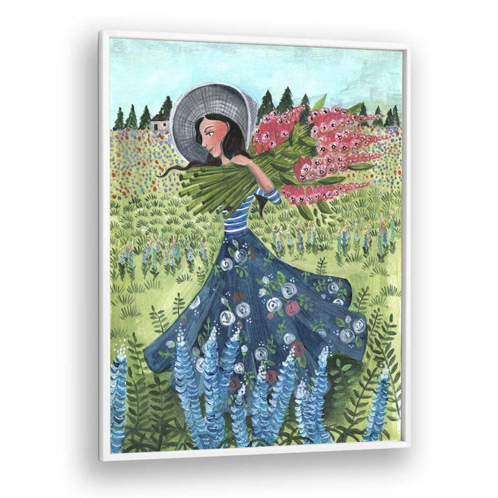 Walking With Field Flowers By Caroline Bonne Muller Women Paintings in White Plain Frame