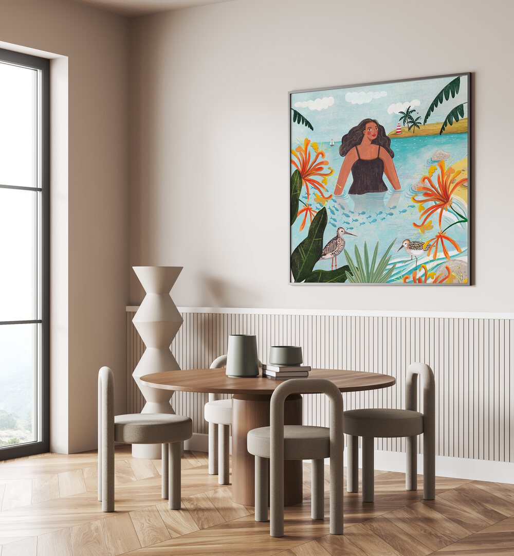 Walking in the Sea By Caroline Bonne Muller Women Illustration Paintings in Black Plain Frame on a wall behind a dining table for dining area