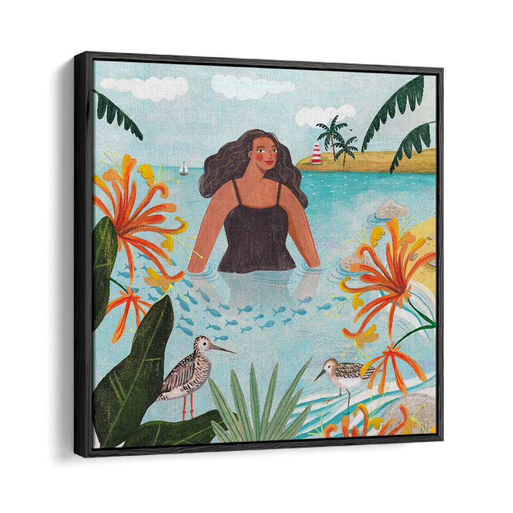 Walking in the Sea By Caroline Bonne Muller Women Illustration Paintings in Black Floater Frame