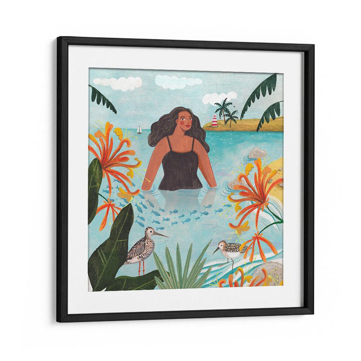 Walking in the Sea By Caroline Bonne Muller Women Illustration Paintings in Black Frame With Mount