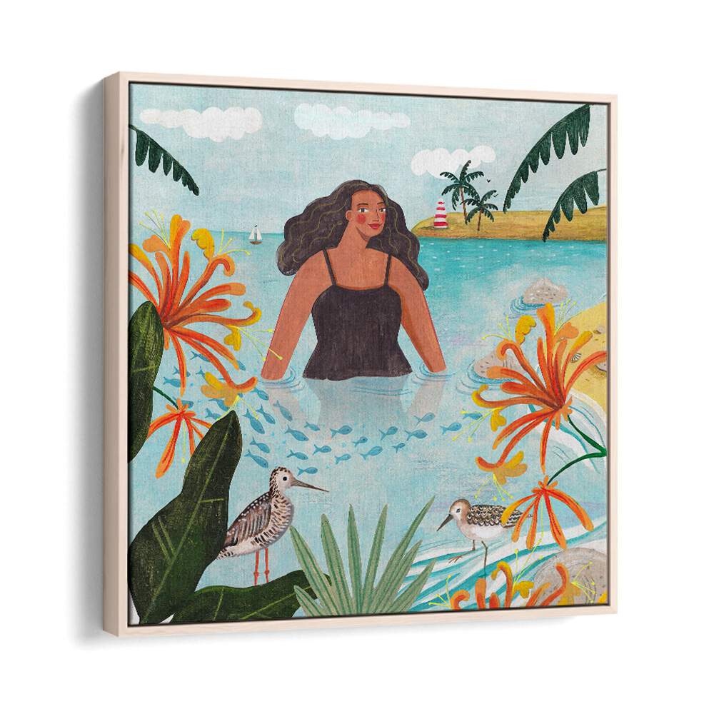 Walking in the Sea By Caroline Bonne Muller Women Illustration Paintings in Oak Wood Floater Frame