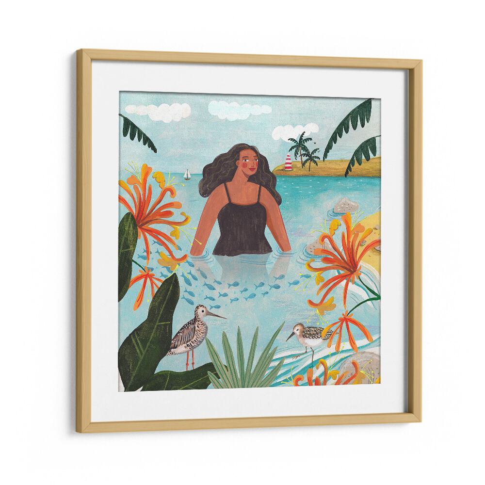 Walking in the Sea By Caroline Bonne Muller Women Illustration Paintings in Oak Wood Frame With Mount