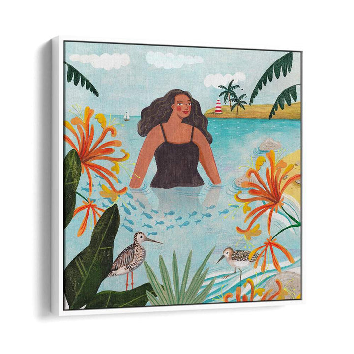 Walking in the Sea By Caroline Bonne Muller Women Illustration Paintings in White Floater Frame