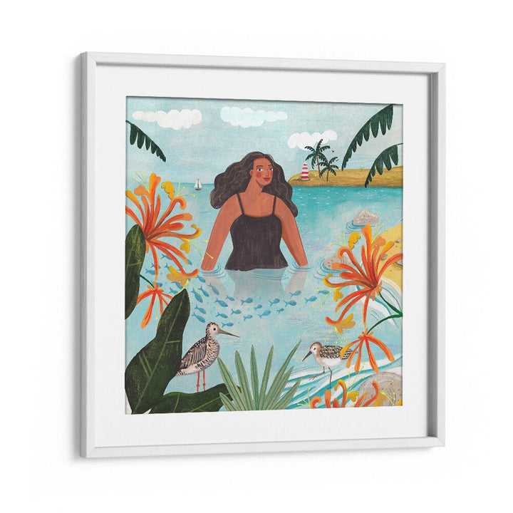 Walking in the Sea By Caroline Bonne Muller Women Illustration Paintings in White Frame With Mount