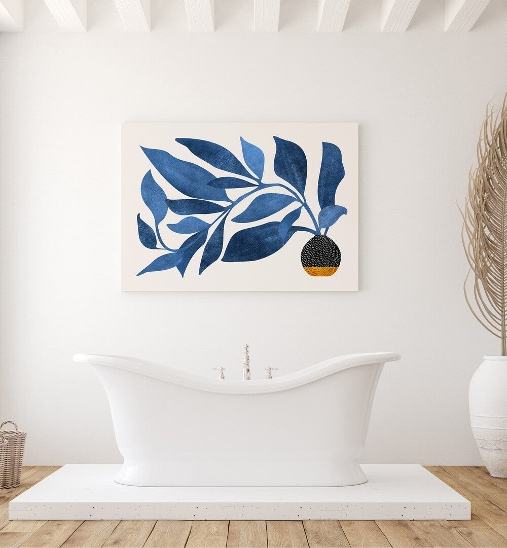 Wandering Ivy in Blue by Kristian Gallagher Botanical Flower Paintings Floral Paintings in White Plain Frame placed on a white wall behind a bathtub for bathroom