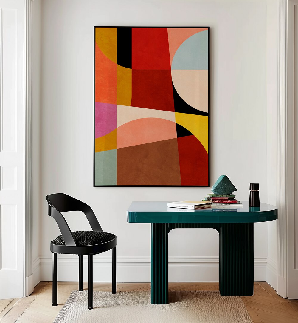 Warm Colors Bauhaus Geometry II By Ana Rut Bre Abstract Art Abstract Paintings in Black Plain Frame placed on a White Colored Wall near a Workspace in the Drawing Room