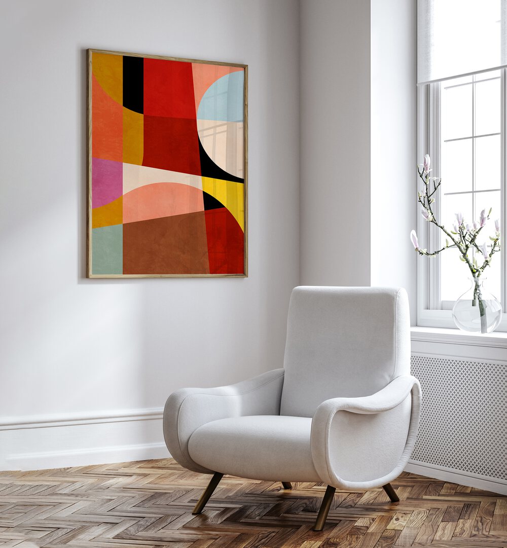 Warm Colors Bauhaus Geometry II By Ana Rut Bre Abstract Art Abstract Paintings in Oak Wood Plain Frame placed on a White Colored Wall in the Drawing Room 