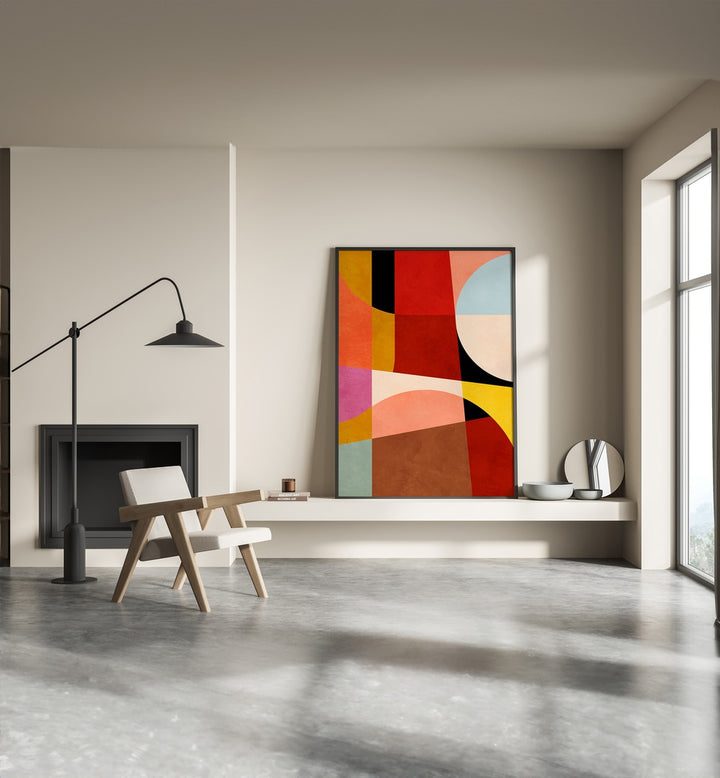 Warm Colors Bauhaus Geometry II By Ana Rut Bre Abstract Art Abstract Paintings in Black Plain Frame placed on a Shelf near a Cream Colored Wall in the Drawing Room