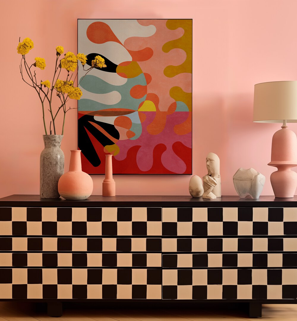 Warm Colors Bauhaus Geometry V By Ana Rut Bre Abstract Art Abstract Paintings in Oak Wood Plain Frame placed on a Peach  Colored Wallabove a Console Table in the Living Room