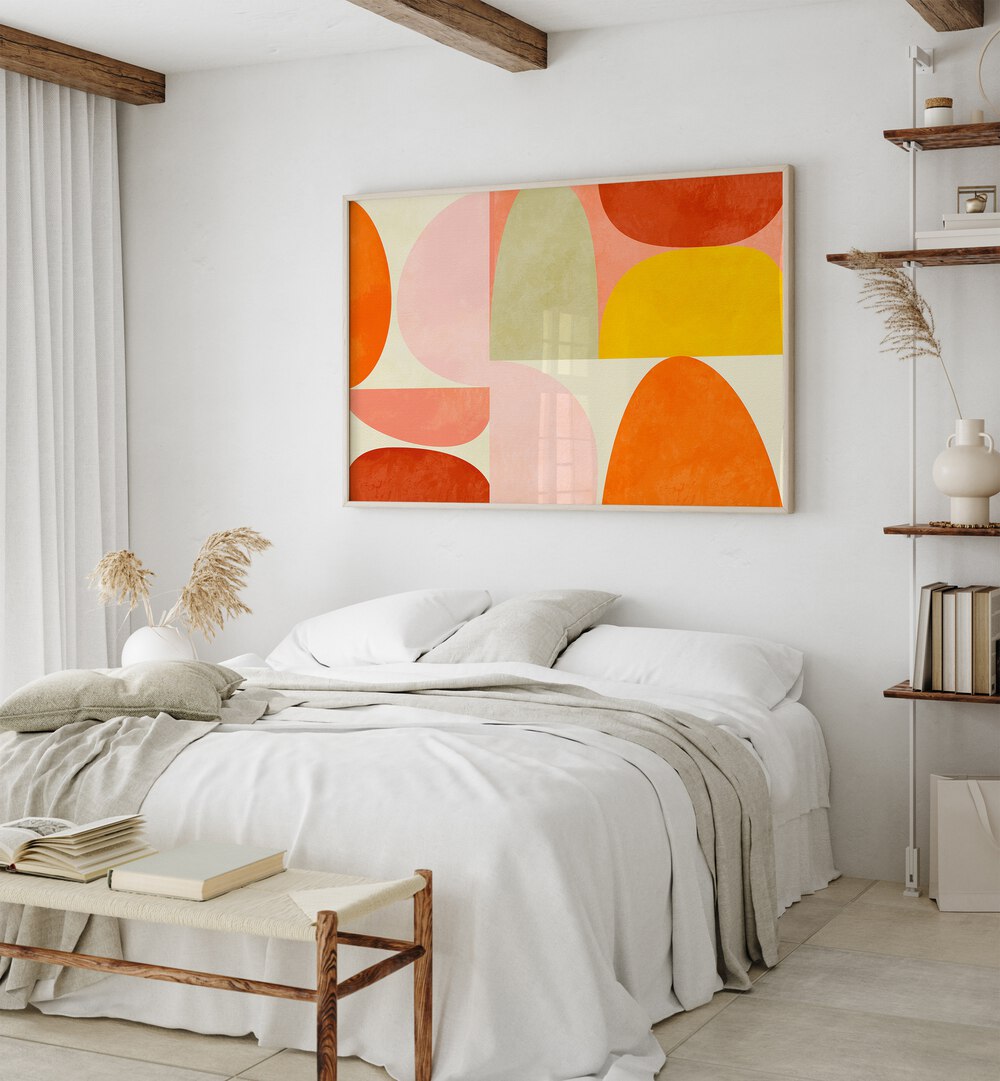 Warm Pastel Geometry By Ana Rut Bre Abstract Art Abstract Paintings in Oak Wood Plain Frame placed on a White Colored Wall Behind a Bed in the Bedroom