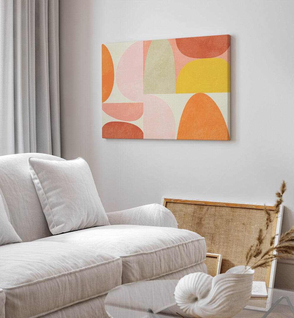 Warm Pastel Geometry By Ana Rut Bre Abstract Art Abstract Paintings in Gallery Wrap placed on a White Colored Wall near a White  Sofa  in the Living Room