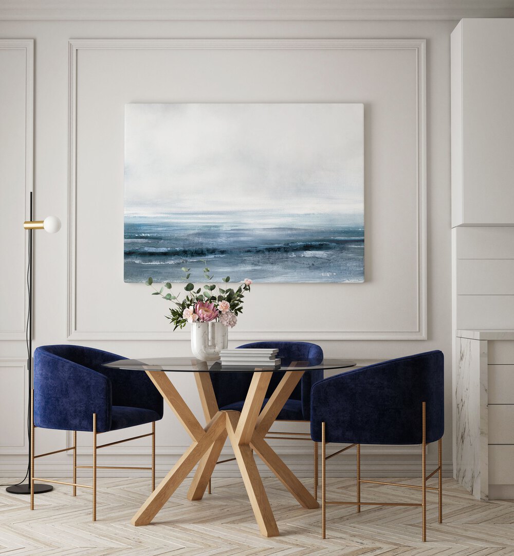 Water By Dan Hobday Abstract Art Abstract Paintings in Gallery Wrap placed on a White Colored Wall near a Dining Table in the Dining Room