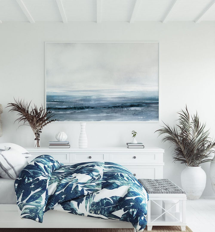 Water By Dan Hobday Abstract Art Abstract Paintings in White Plain Frame placed on a White Colored Wall above a Console Table near a Bed in the Bedroom