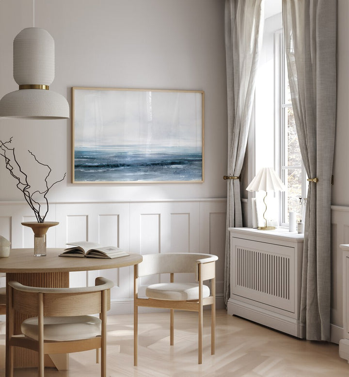 Water By Dan Hobday Abstract Art Abstract Paintings in Oak Wood Plain Frame placed on a White Colored Wall near a Dining Table in the Dining Room