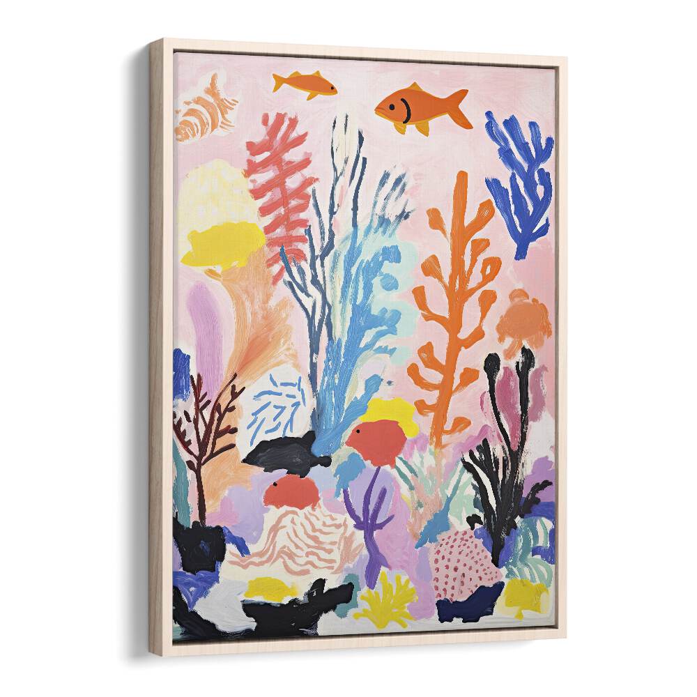 Water World II  Kids Paintings in Oak Wood Floater Frame