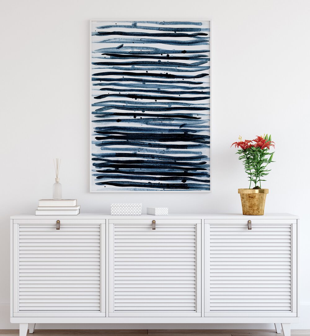 Watercolors IX By Mareike Bohmer Abstract Art Abstract Paintings in White Plain Frame placed on a White Colored Wall above a Console Table