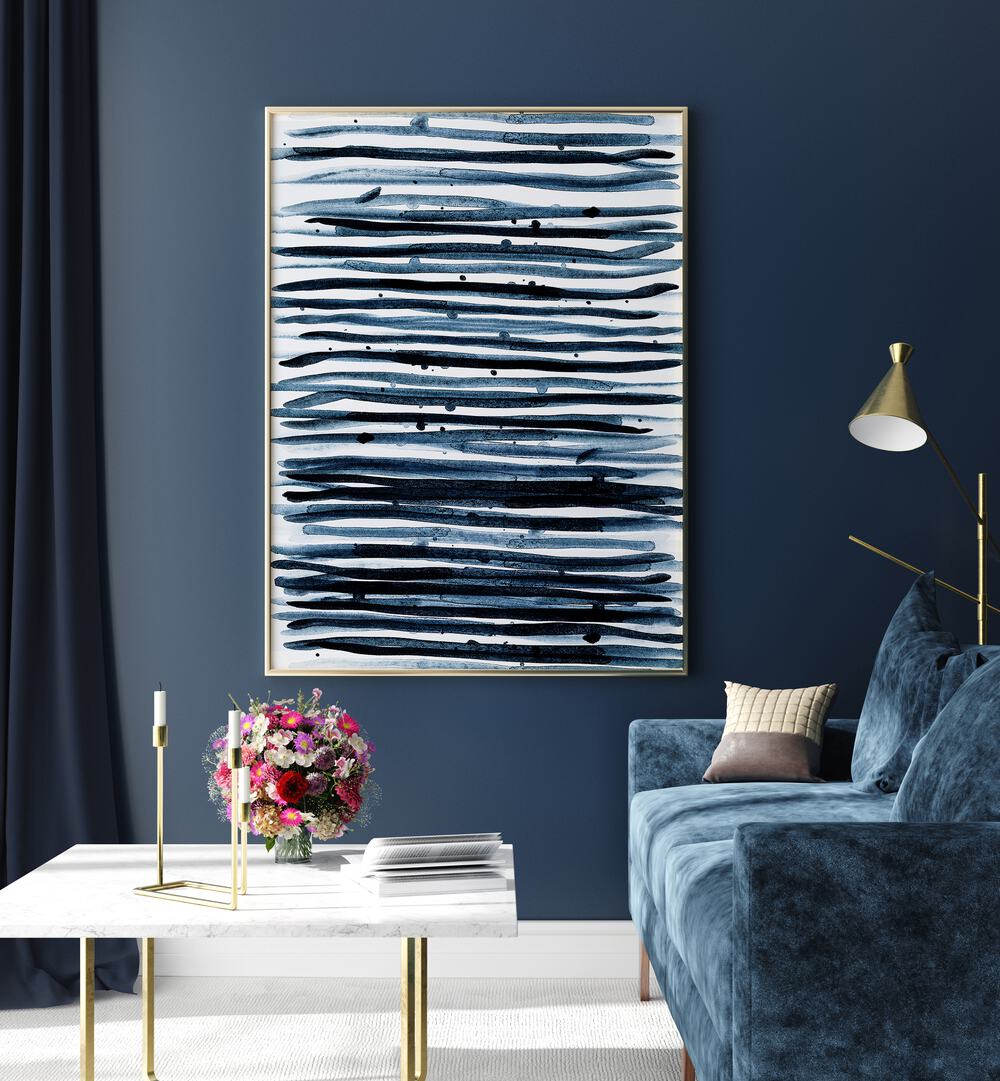 Watercolors IX By Mareike Bohmer Abstract Art Abstract Paintings in Gold Plain Frame placed on a Blue Colored Wall in the Living Room