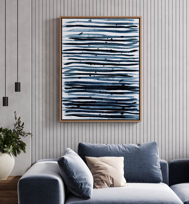 Watercolors IX By Mareike Bohmer Abstract Art Abstract Paintings in Oak Wood Floater Frame placed on a Beige Colored Wall near a Blue Sofa in the Living Room