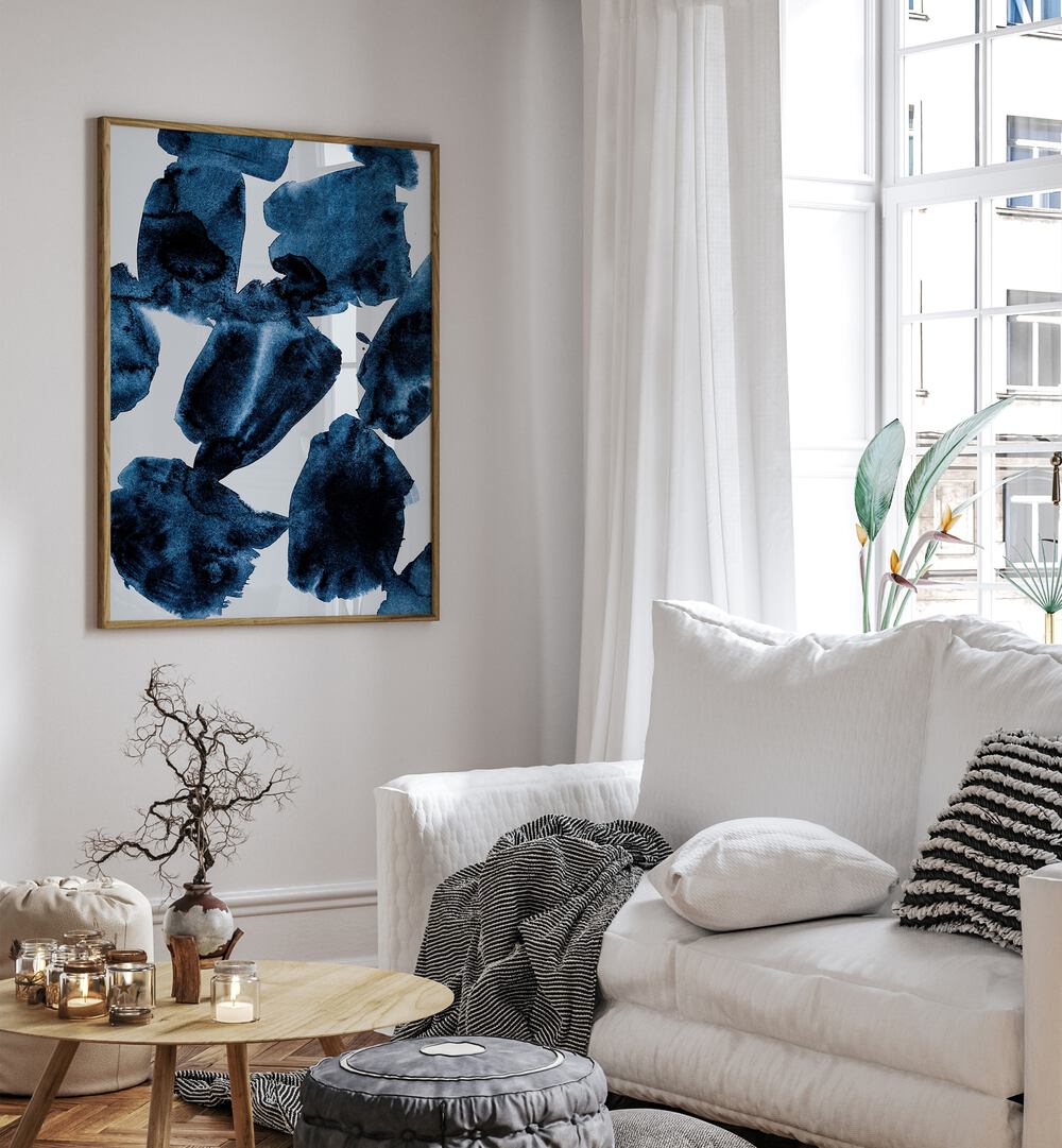 Watercolors V By Mareike Bohmer Abstract Art Abstract Paintings in Oak Wood Plain Frame placed on a White Colored Wall near a White  Sofa in the Living Room