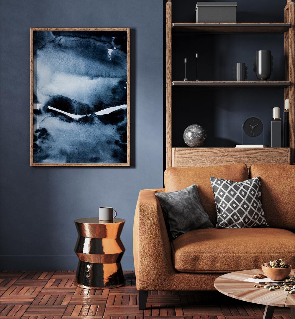 Watercolors VI By Mareike Böhmer Abstract Art Abstract Paintings in Oak Wood Plain Frame placed on a Blue Colored Wall near a Brown Sofa in the Living Room