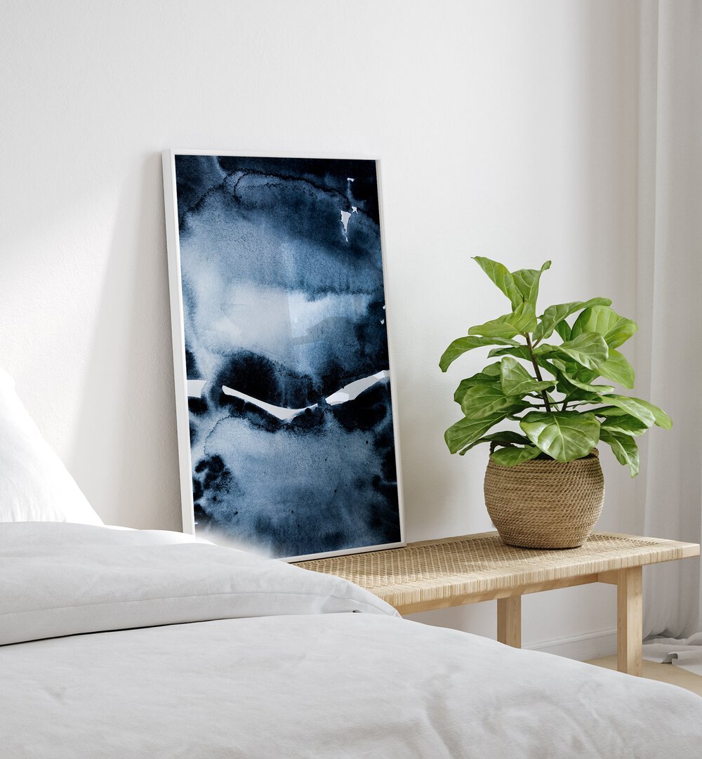 Watercolors VI By Mareike Böhmer Abstract Art Abstract Paintings in White Plain Frame placed on a Console Table near a White Colored Wall in the Bedroom