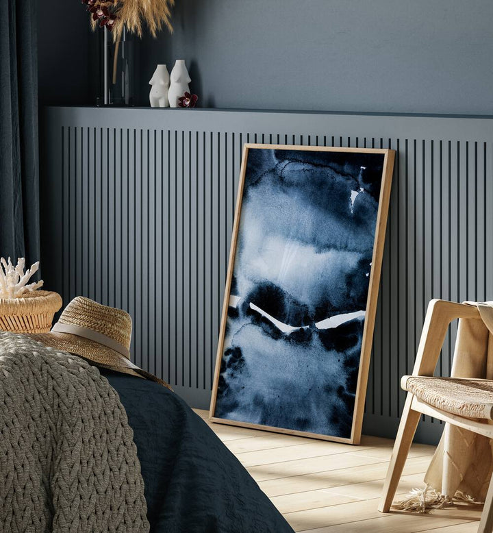 Watercolors VI By Mareike Bohmer Abstract Art Abstract Paintings in Oak Wood Plain Frame placed on the floor near a Blue Colored Wall in the Bedroom