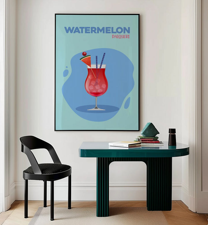 Watermelon Daiquir Cafe Art Prints Cafe Posters in Black Plain Frame placed on a wall behind a study table