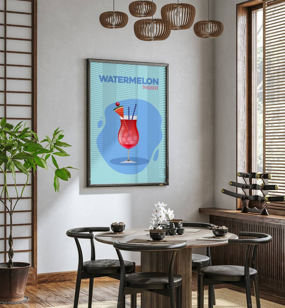 Watermelon Daiquir Cafe Art Prints Cafe Posters in Black Plain Frame placed on a wall in a dining room area beside a window and behind a dining table