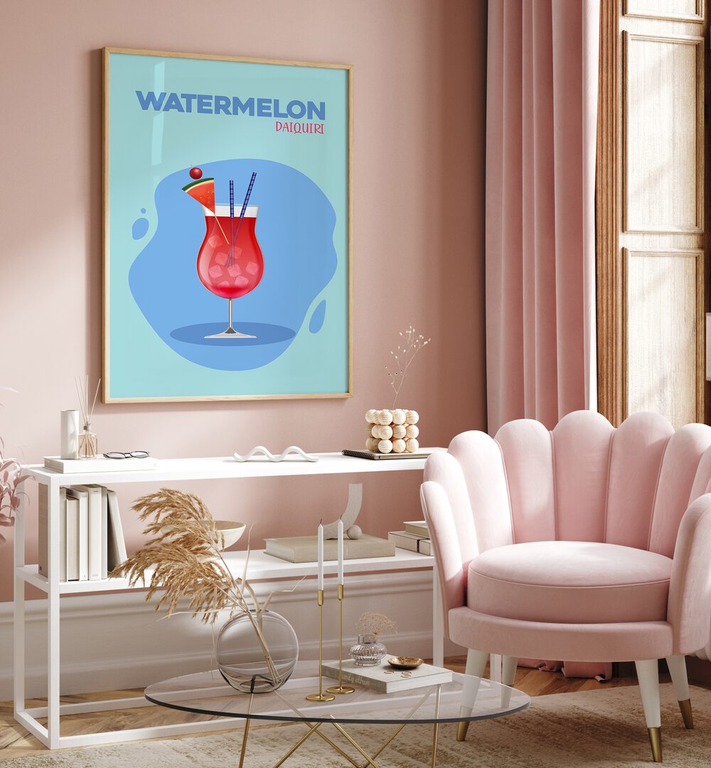 Watermelon Daiquir Cafe Art Prints Cafe Posters in Oak Wood Plain Frame placed on a wall behind a table