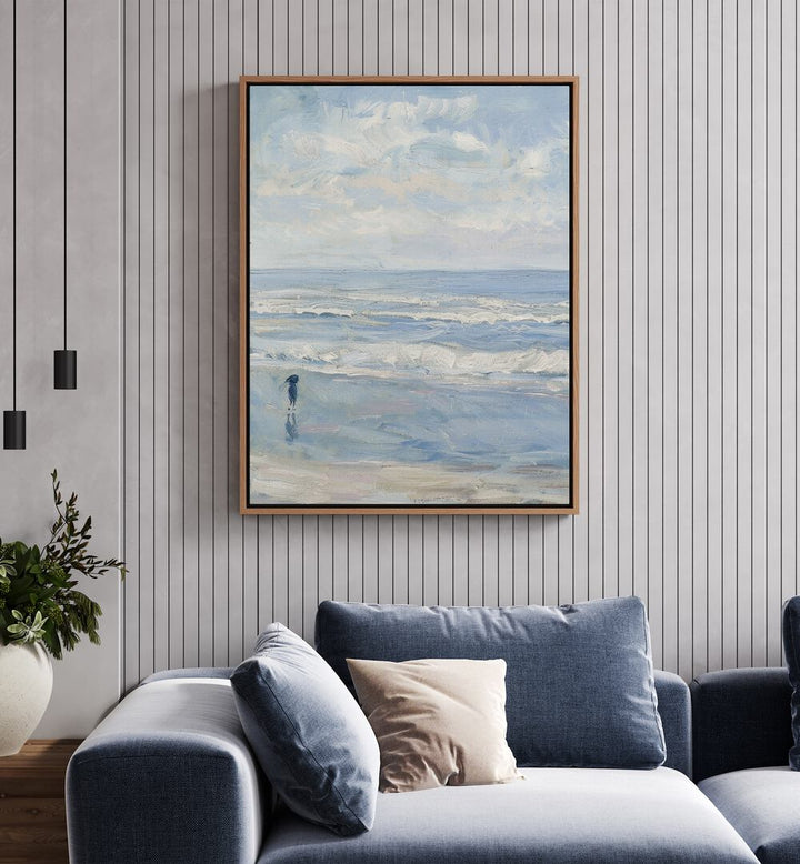 Wave Wander Beach Prints Coastal Wall Art in Oak Wood Floater Frame placed on a White Colored Wall in the Living Room