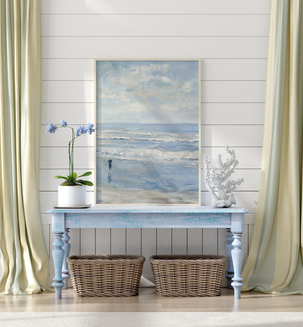 Wave Wander Beach Prints Coastal Wall Art in Oak Wood Plain Frame placed on a Console Table in the Drawing Room