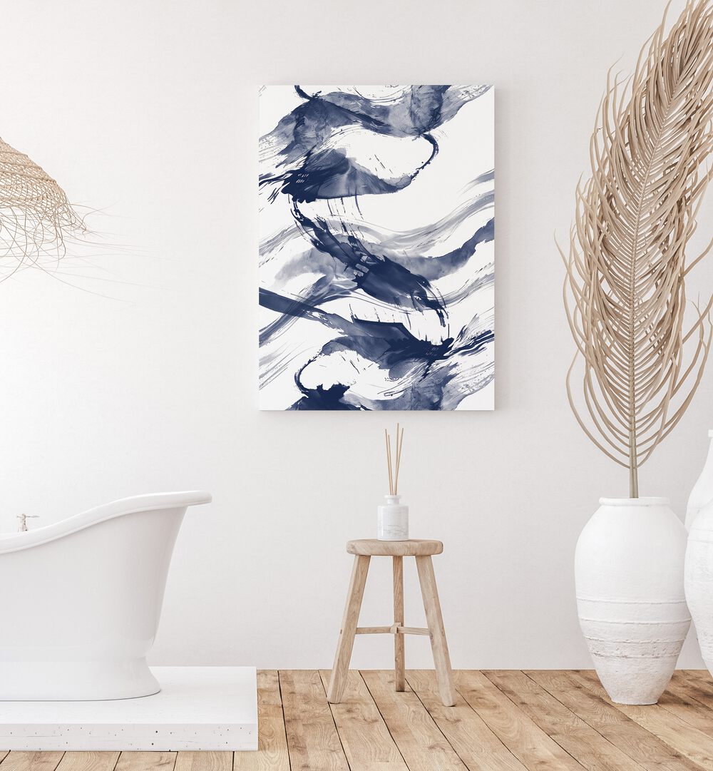 Wave Wander II Beach Prints in Gallery Wrap placed on a Cream Colored Wall near a Bathtub in the Bathroom