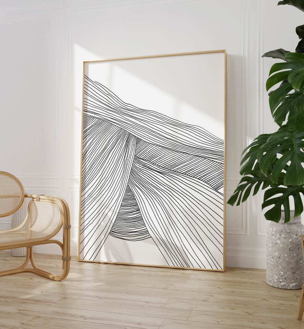 Waves By Dan Hobday Abstract Art Abstract Paintings in Oak Wood Plain Frame placed on the floor near a White Colored Wall in the Drawing Room