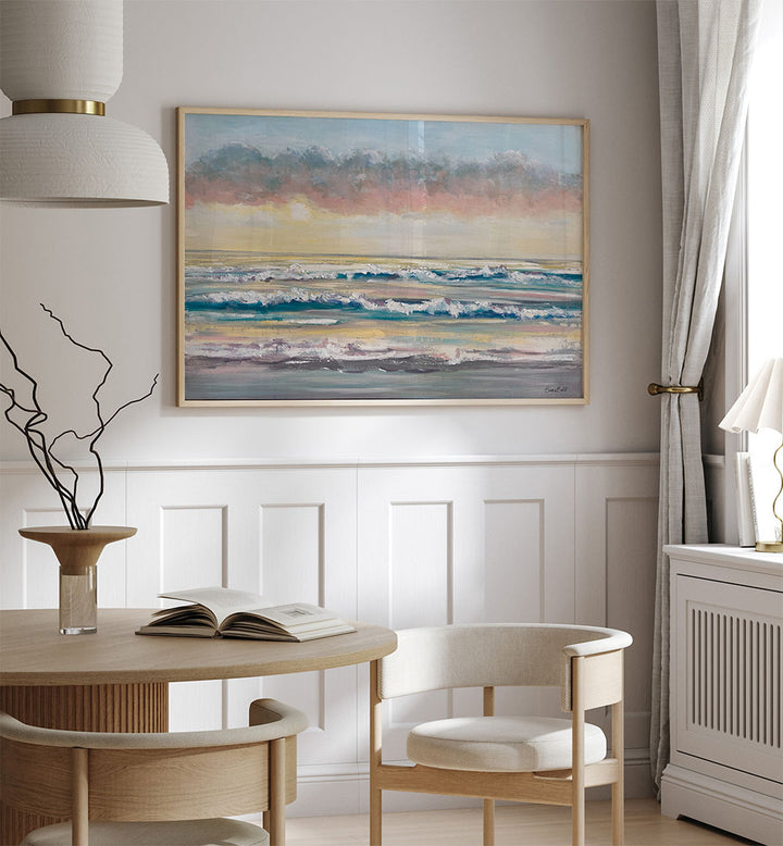 Serene WAVES AT DAWN, BEACH PAINTINGS enhance coastal decor in a stylish living space, perfect for a tranquil atmosphere.