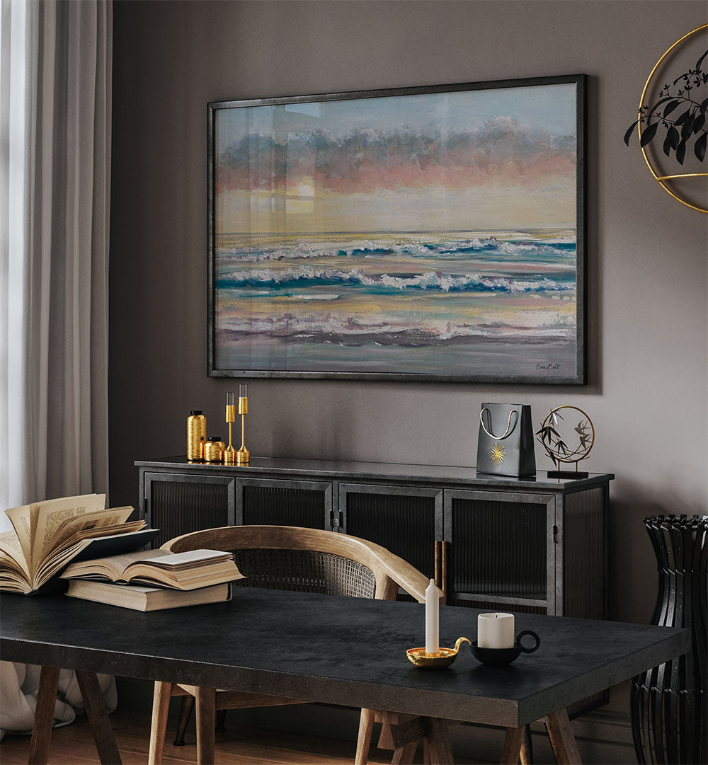 Serene WAVES AT DAWN, BEACH PAINTINGS enhance your space with coastal charm and tranquil beauty, perfect for any decor.