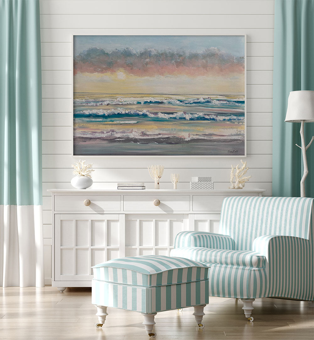 Serene WAVES AT DAWN, BEACH PAINTINGS enhance your coastal decor, bringing tranquility to your living space.
