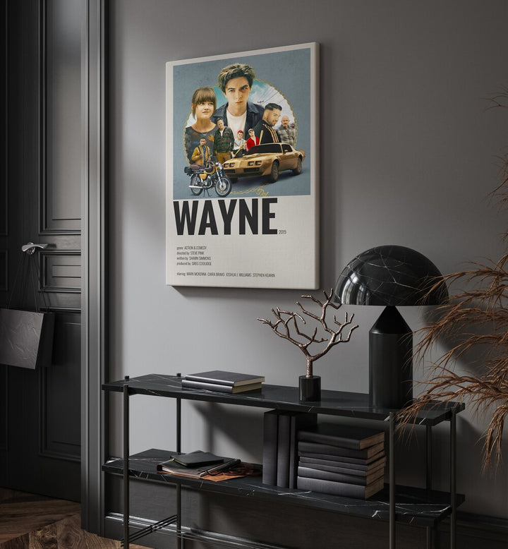 Wayne 2019 Movie Posters in Gallery Wrap placed on a wall  behind a black table and beside a door