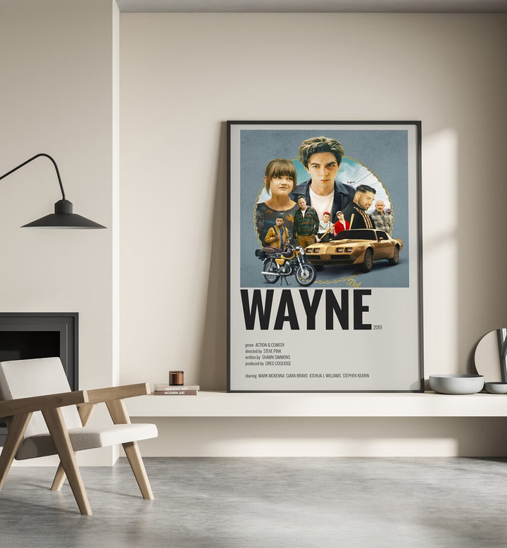 Wayne 2019 Movie Posters in Black Plain Frame placed on a shelf beside a hearth