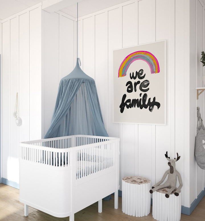 We Are Family By Treechild Kids Room Paintings in White Plain Frame placed on a White Colored Wall in the Kids Room