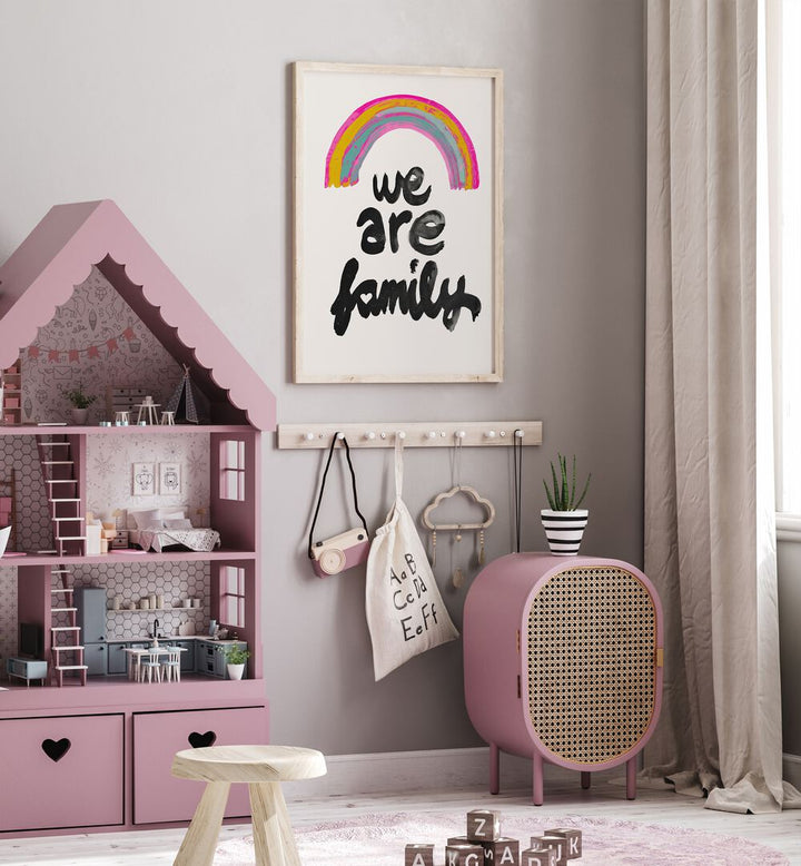 We Are Family By Treechild Kids Room Paintings in Oak Wood Plain Frame placed on a Grey Colored Wall in the Kids Room