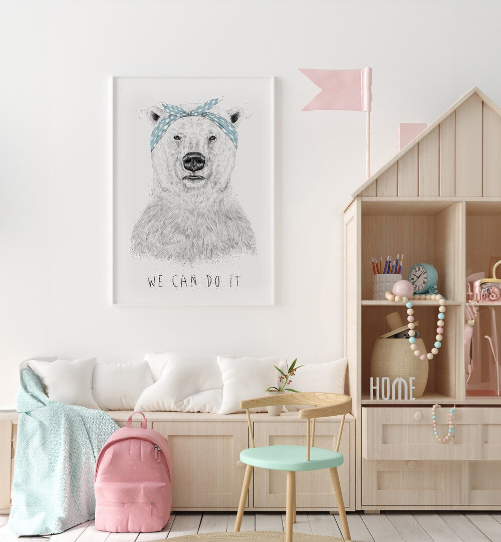 We Can Do It By Balazs Solti Kids Room Art in White Plain Frame placed on a White Colored Wall in the Kids Room 