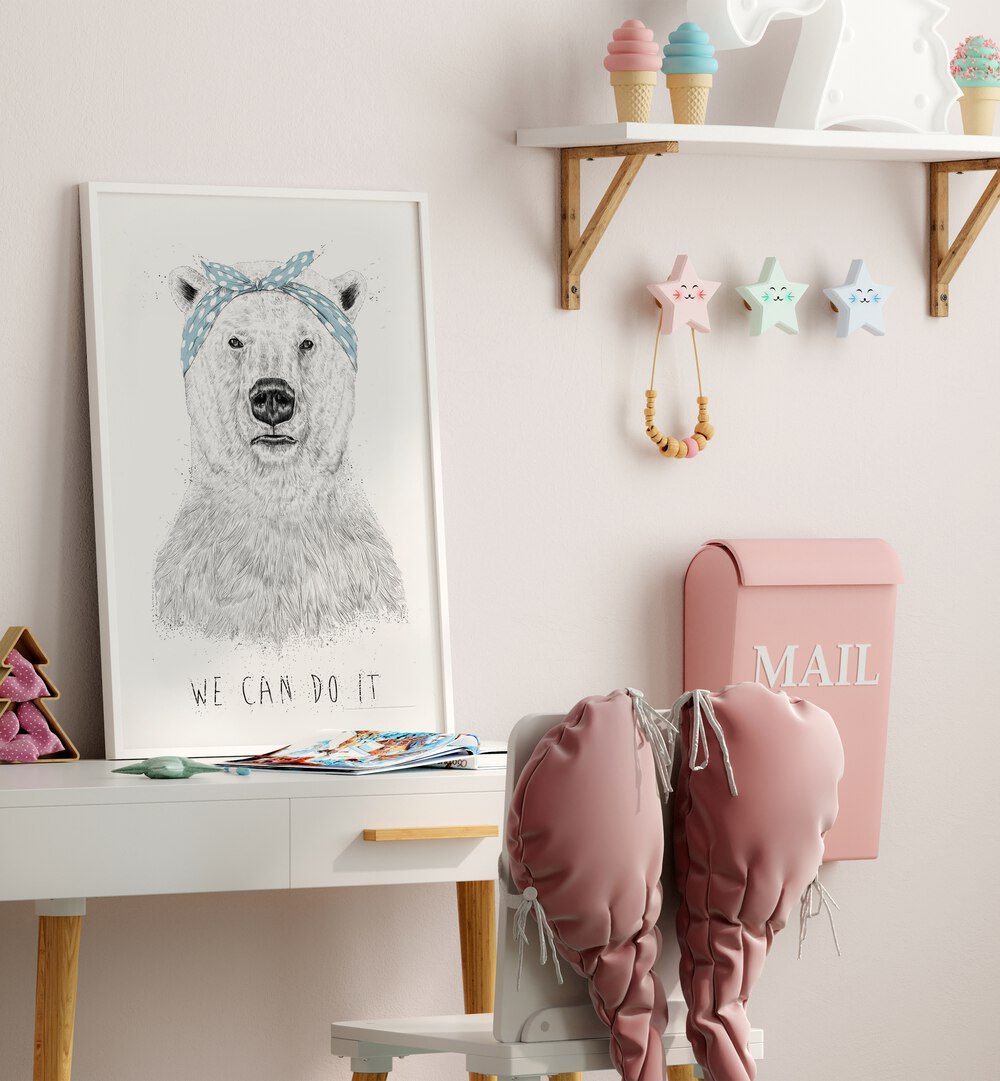 Motivate your child's space with WE CAN DO IT, KIDS ROOM PAINTINGS by Balazs Solti, featuring a stylish bear design.