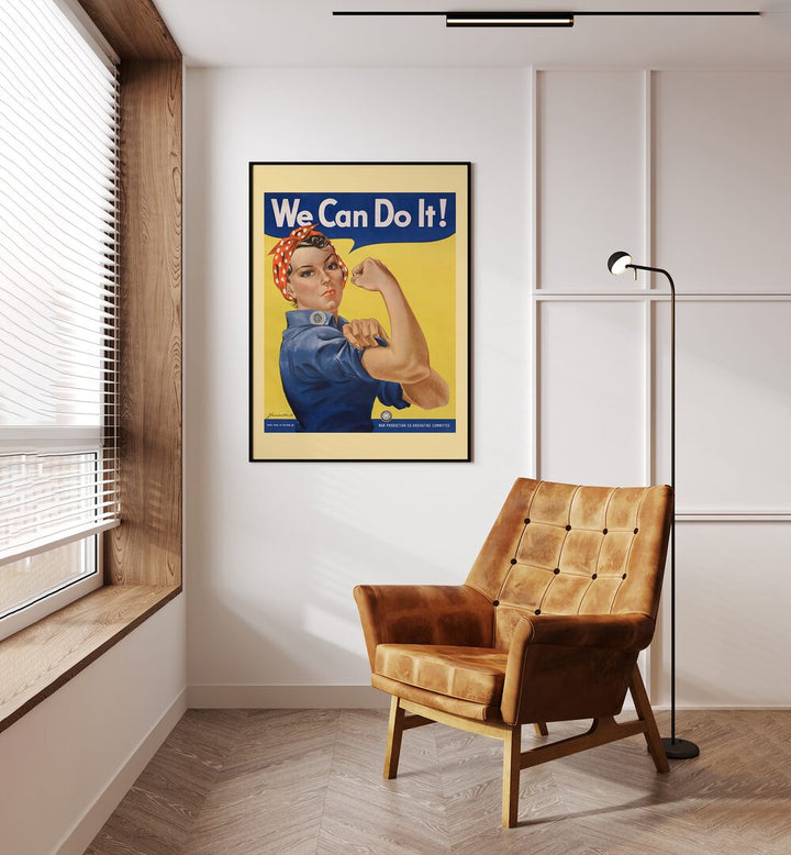 We Can Do It  Women Illustrations paintings in Black Plain Frame placed on a wall beside a window