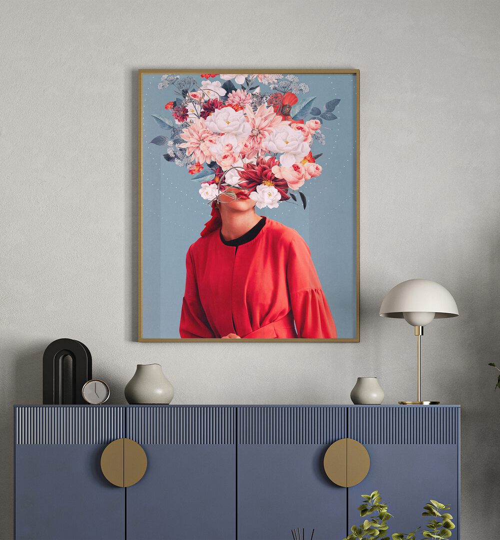 We Gathered in Spring By Frank Moth Surreal Art Prints Surrealism in Oak Wood Plain Frame placed on the wall behind a console table