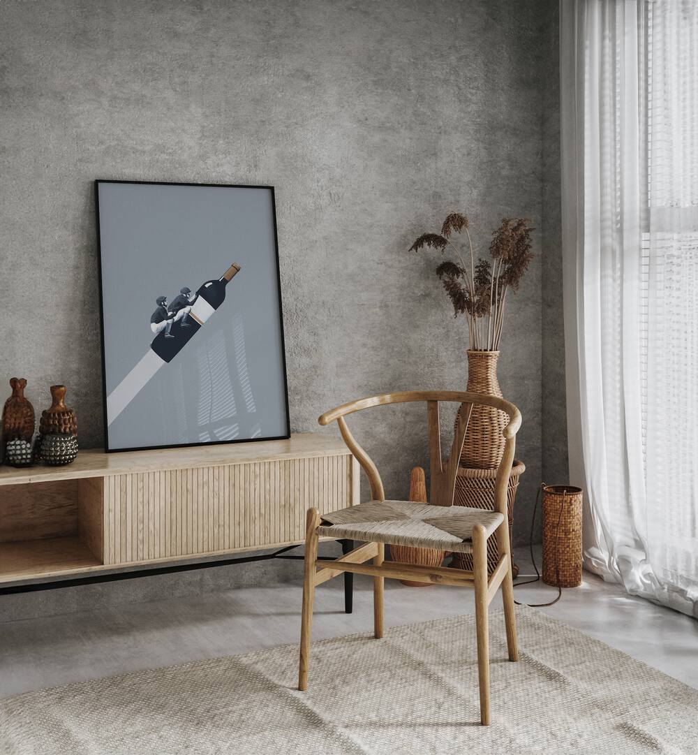 We Ride Until Dawn by Maarten Leon Bar and Cafe Art in Black Plain Frame placed on a console table behind a chair