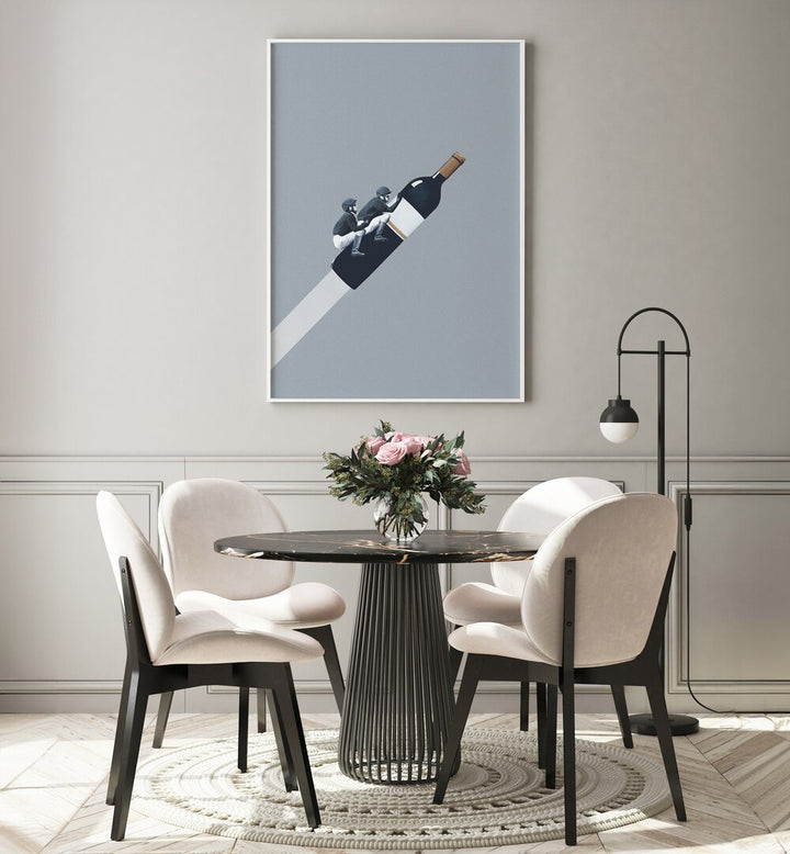 We Ride Until Dawn by Maarten Leon Bar and Cafe Art in White Plain Frame placed on a wall in dining area behind a dining table