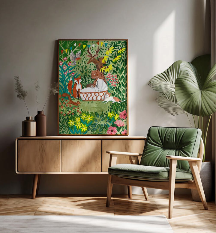 Welcome To The Forest By Caroline Bonne Muller Kids Room Paintings in Oak Wood Plain Frame on a console table beside a plant