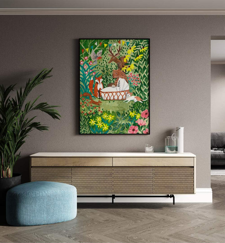 Welcome To The Forest By Caroline Bonne Muller Kids Room Paintings in Black Plain Frame on a wall above a console table beside a plant