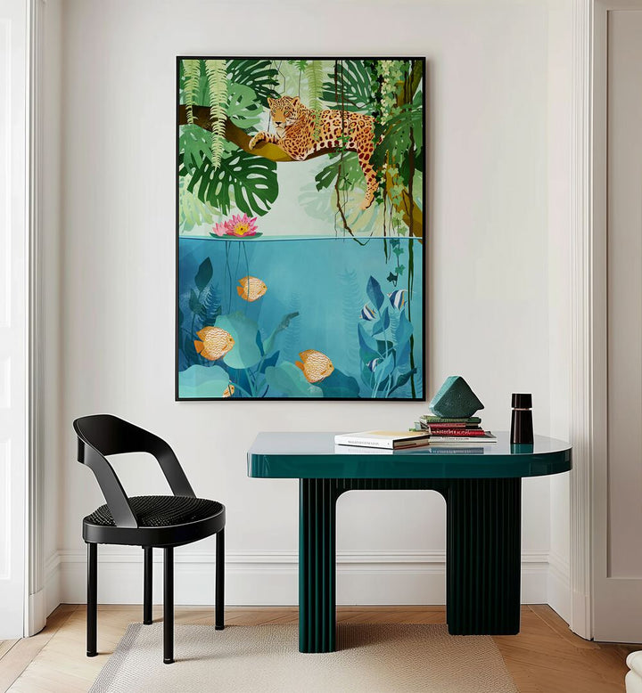 Welcome To The Jungle By Goed Blauw Kids Room Art Prints in Black Plain Frame placed on a Cream Colored Wall above a Table in the Drawing Room