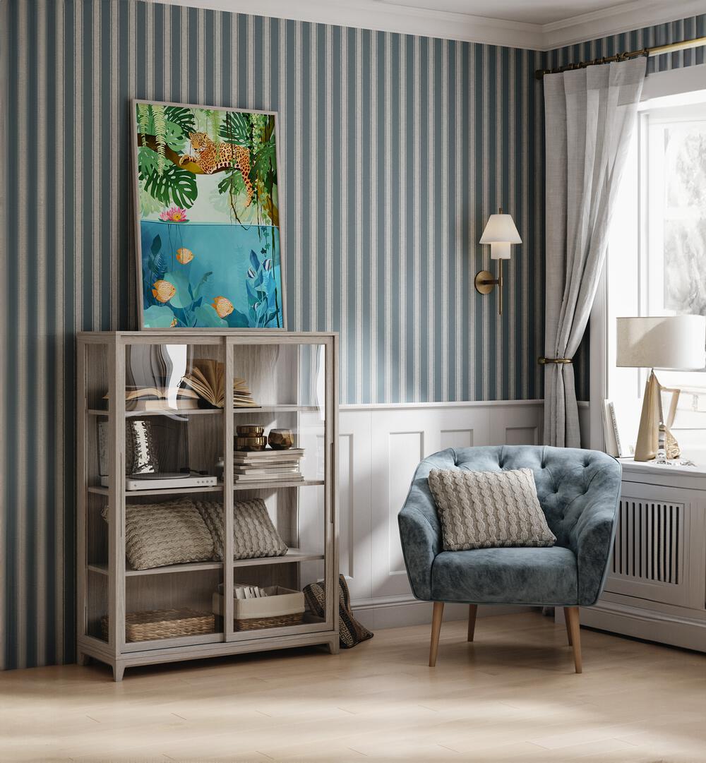 Welcome To The Jungle By Goed Blauw Kids Room Art Prints in Oak Wood Plain Frame placed on a Cabinet near a Blue and Grey Striped Wall in the Drawing Room